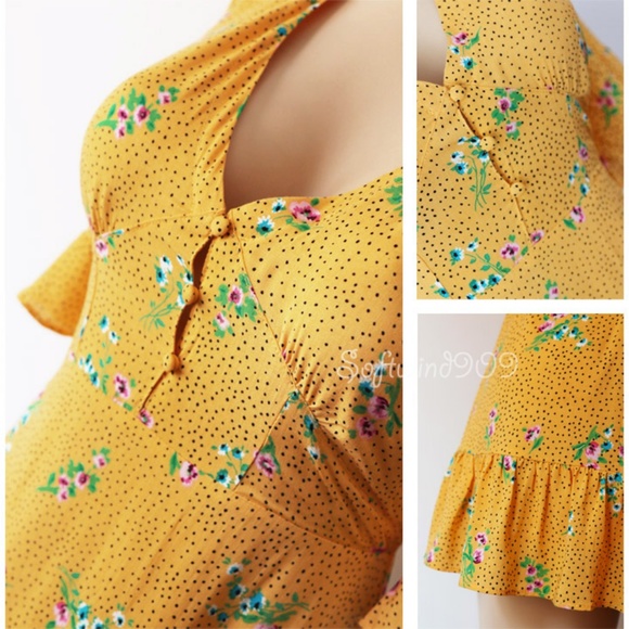 Last☝️Yellow Floral Button Front Ruffle Mini Dress - Picture 5 of 8